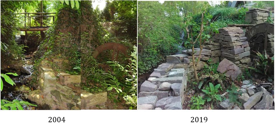 Ruins and greenery, labeled 2004 and 2019