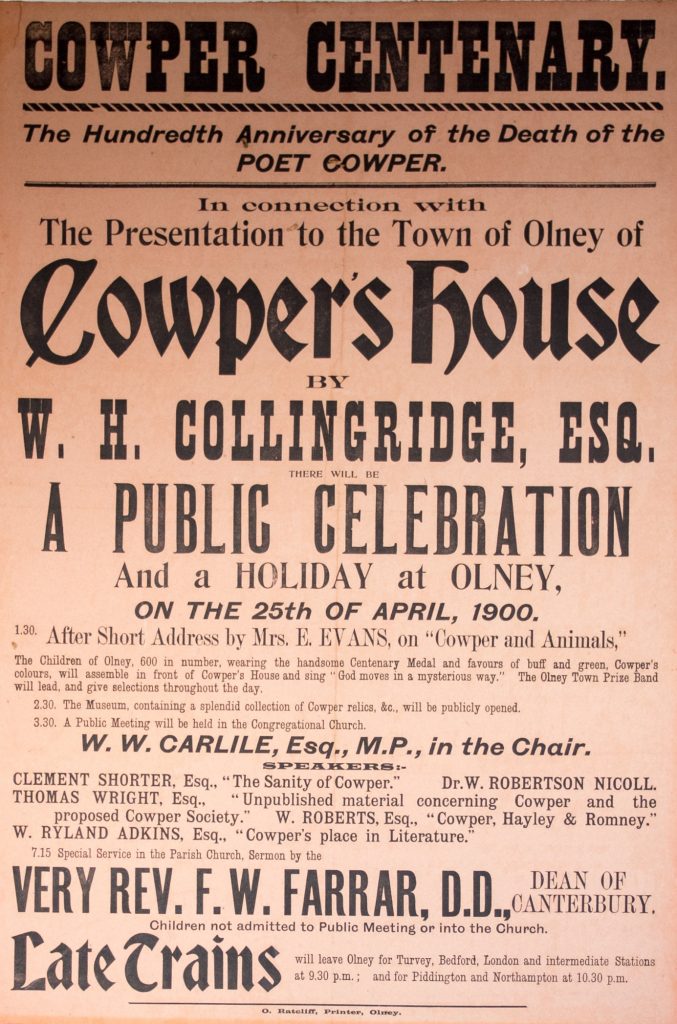A poster advertising the opening of William Cowper’s house in Olney as a museum, 1900