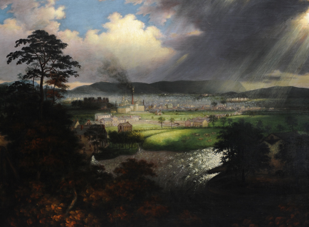 Oil painting on canvas, View of Cockermouth by Samuel Crosthwaite (1791-1868), circa 1860. A landscape with town as central point, especially the mill, very dark sombre painting, slight glimmer of light on right hand side.